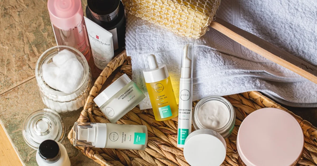 Skincare bottles, jars, and droppers arranged in a woven basket with towels and cotton pads