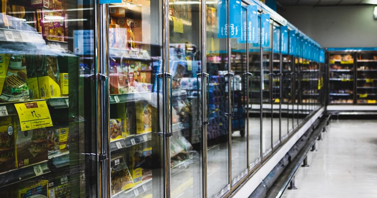 Rows of packaged frozen food behind glass doors in a supermarket freezer aisle