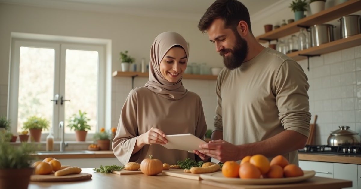 White Muslim couple in hijab and modest dress reading food labels in a kitchen