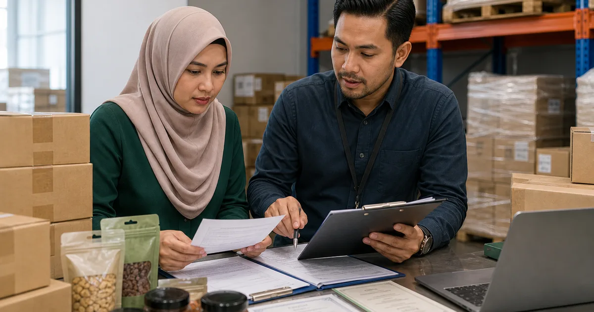 Export compliance team reviewing shipping cartons, product samples, and halal paperwork for Malaysia-bound goods
