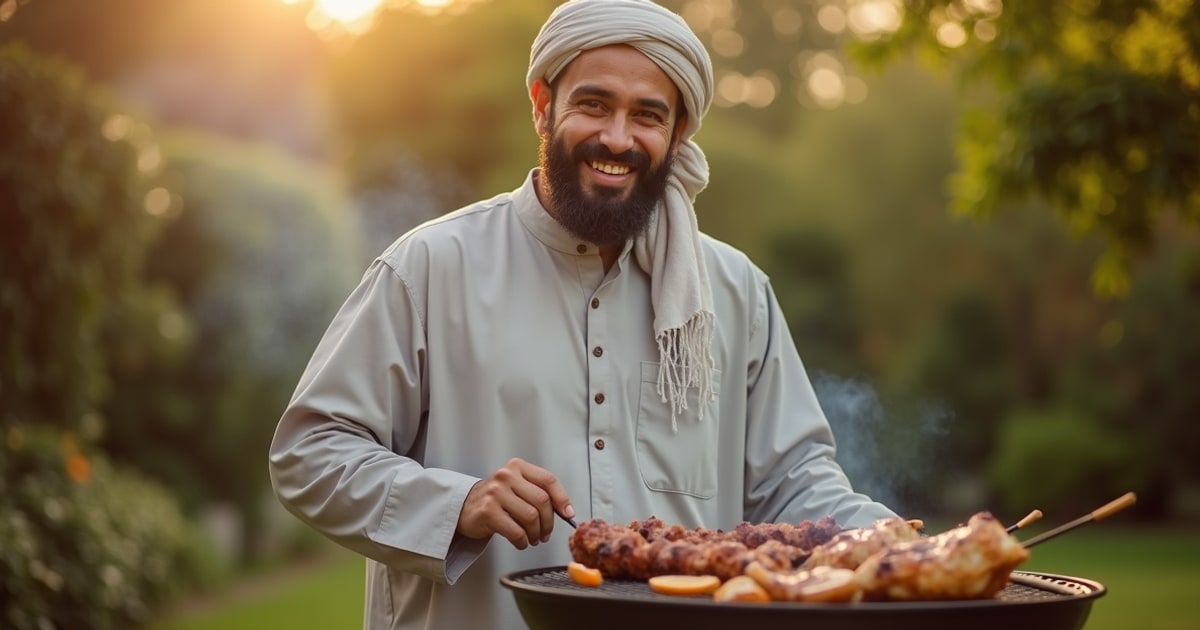 Happy bearded Muslim father in traditional dress grilling halal skewers in a sunny garden