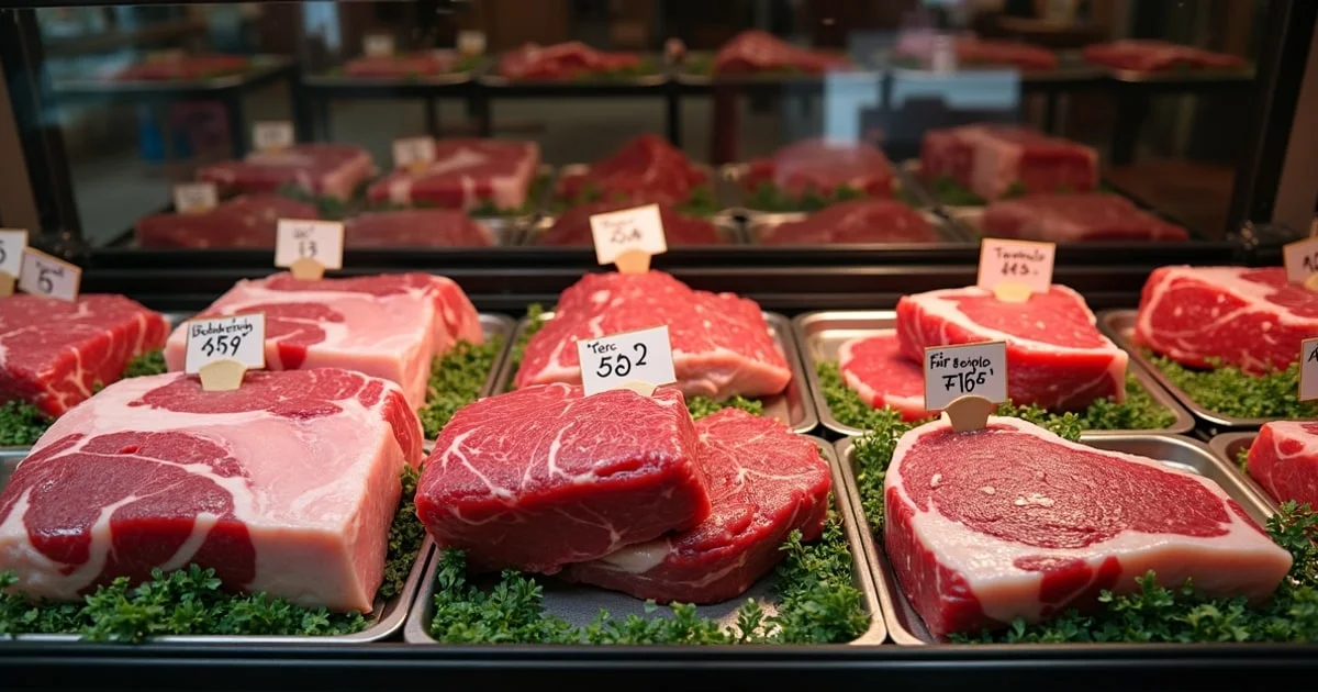 Halal butcher counter with fresh cuts of lamb and chicken on display