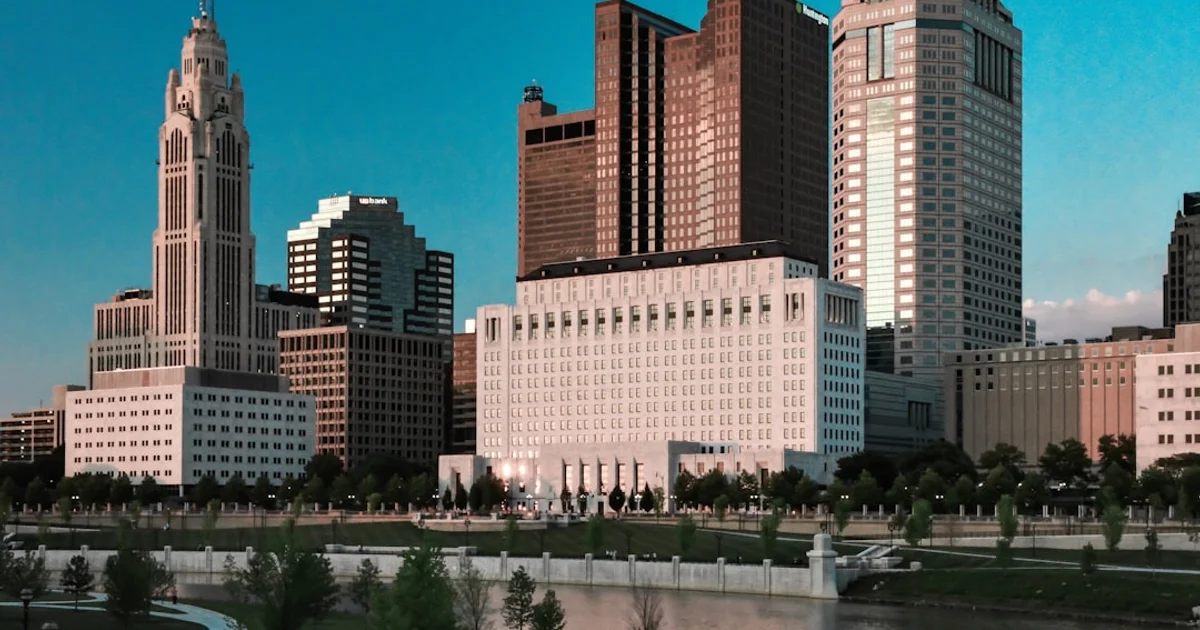 Columbus Ohio downtown skyline with the LeVeque Tower above the Scioto riverfront