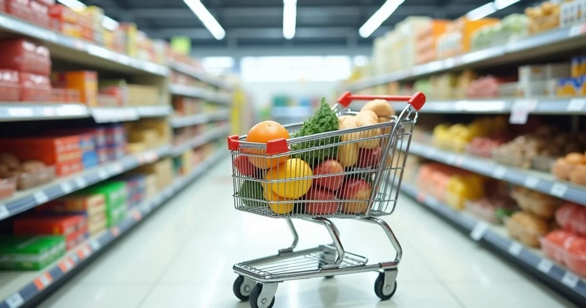 Family loading grocery shopping into a car outside a suburban food store