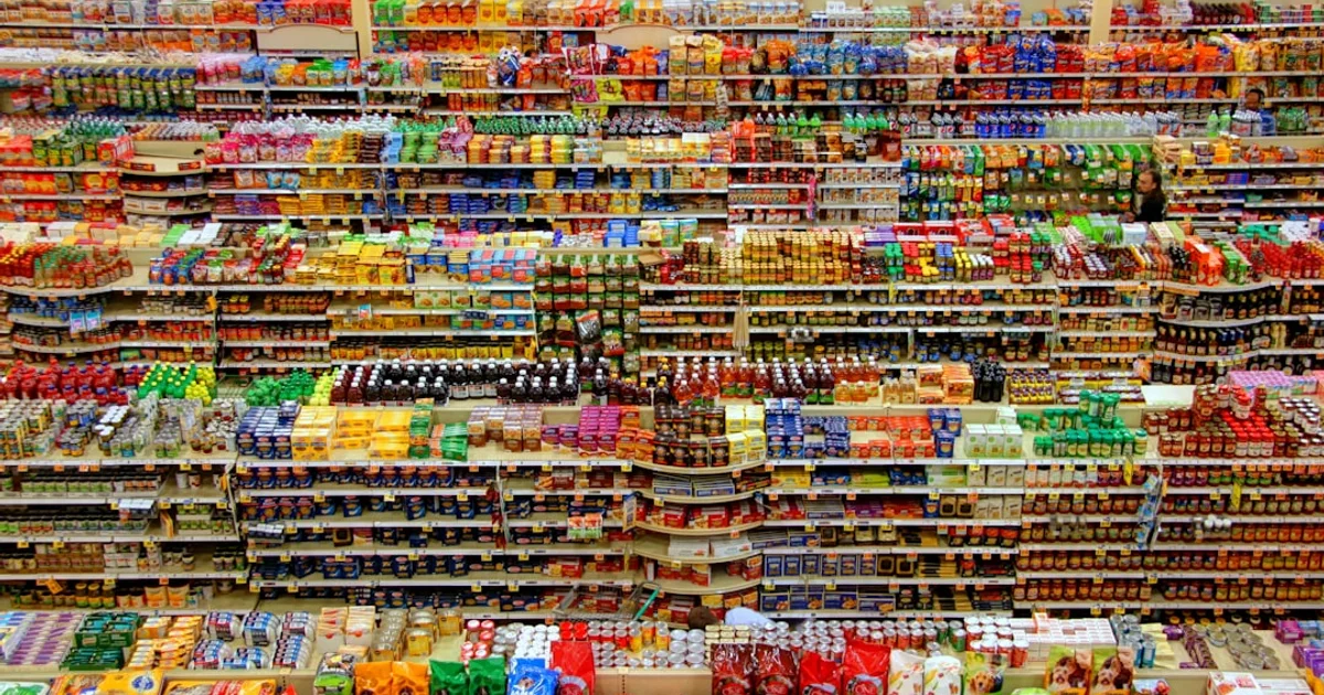 Supermarket shelves of spreads, dairy and packaged food in Vienna, Austria