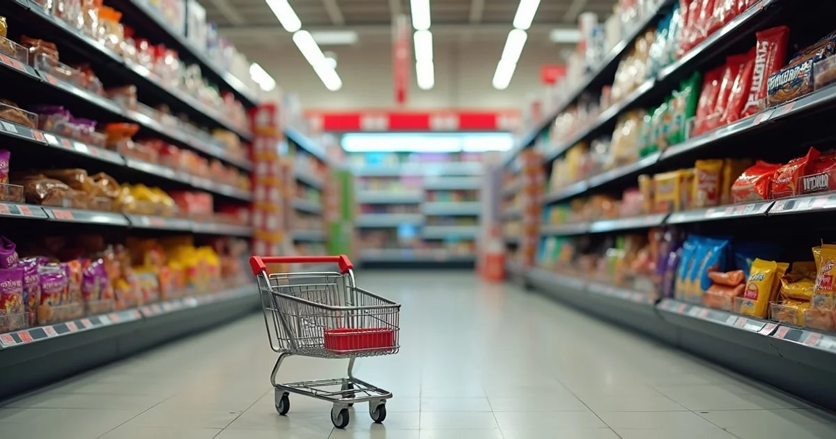 Chocolate bars and packaged food on convenience store shelves