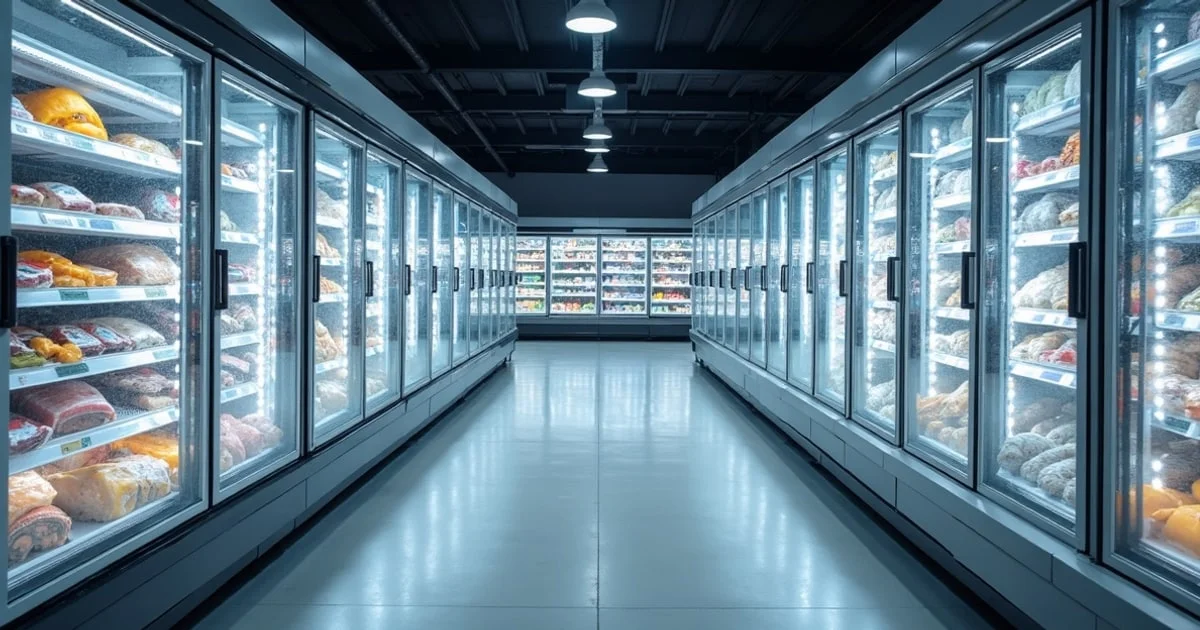 Shopper checking labels in a supermarket frozen food aisle