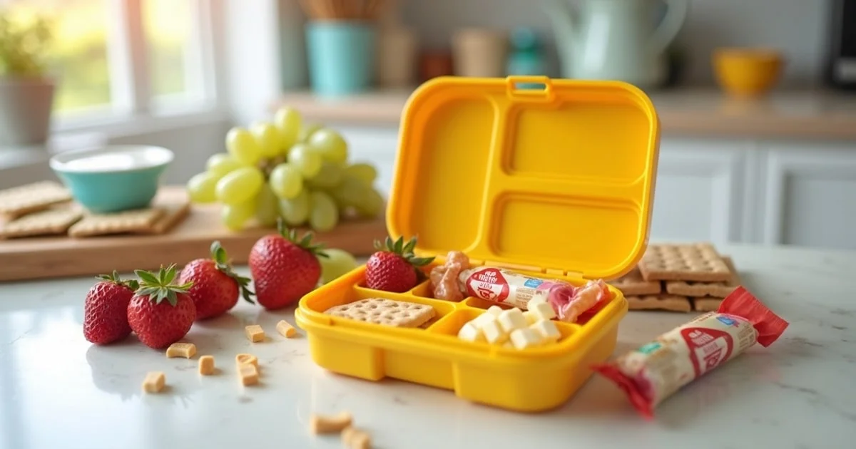 Parent checking the ingredient label on a snack multipack for a UK school lunchbox