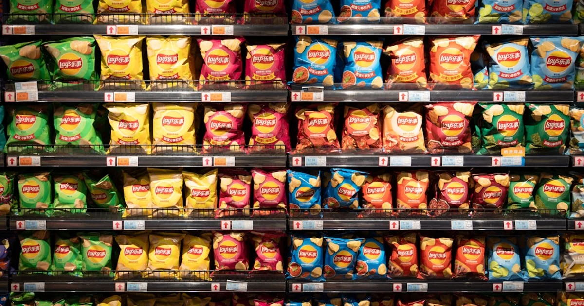 Shelves of crisps, biscuits and packaged snacks in a Turkish supermarket