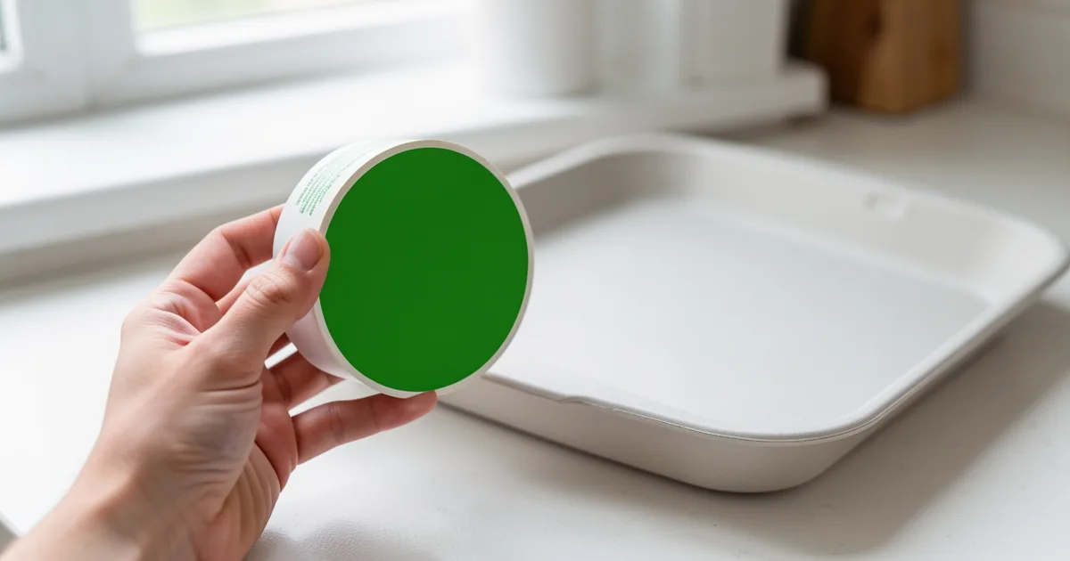 A hand holding a plain roll of round green stickers beside a food tray in a kitchen, illustrating that a halal sticker alone is not certification