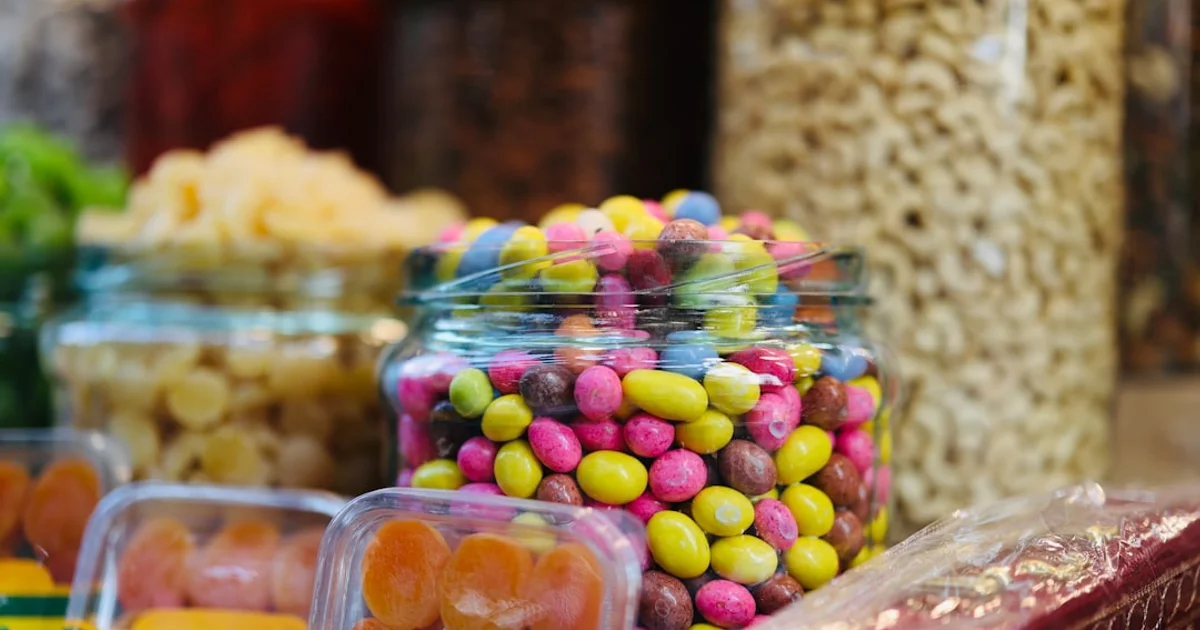 Pick-and-mix jars of jelly sweets and gummies in an Irish sweet shop