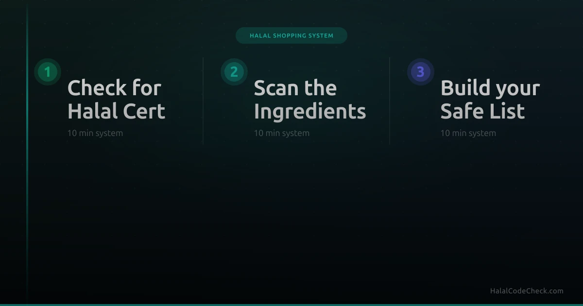 Person checking food label in supermarket aisle using the halal verification method