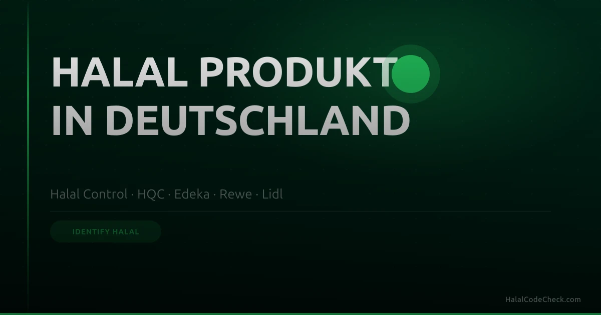 Shopper checking a German food label in a Rewe aisle — Halal Control e.V. logo guide