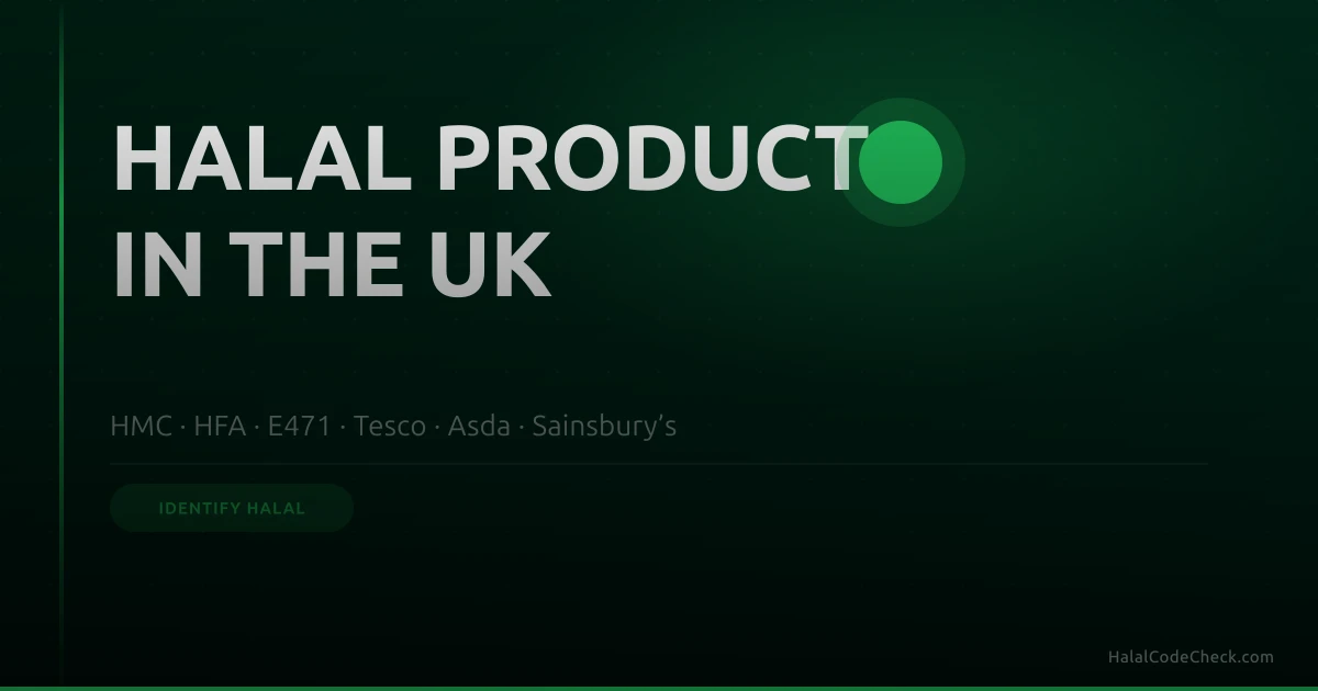Muslim shopper checking ingredient label in a UK supermarket — HMC and HFA halal logos guide