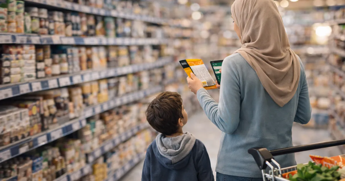 Parent reading a packaged food label in a grocery store