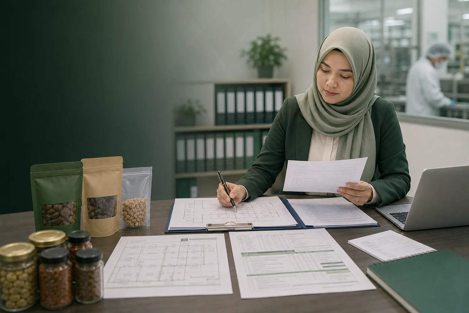 Malaysia halal standards review scene with technical documents, product samples, and audit preparation records