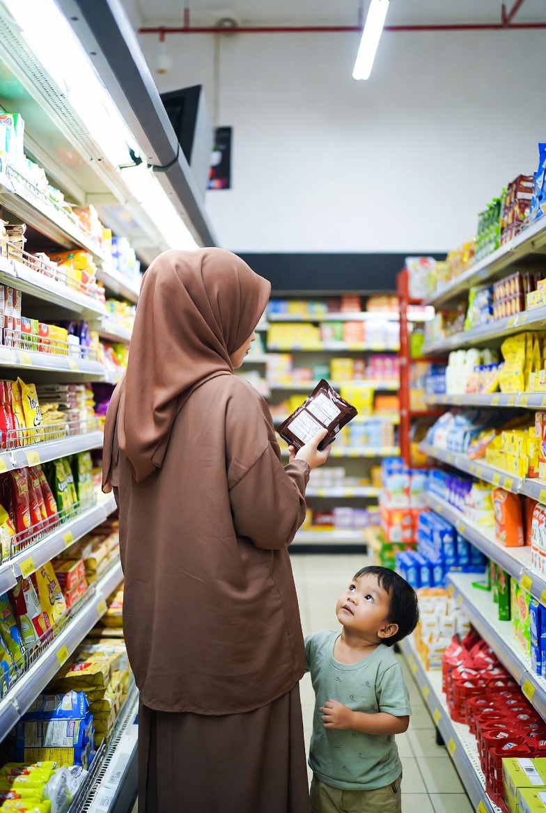 Parent reading a packaged food label in a grocery store