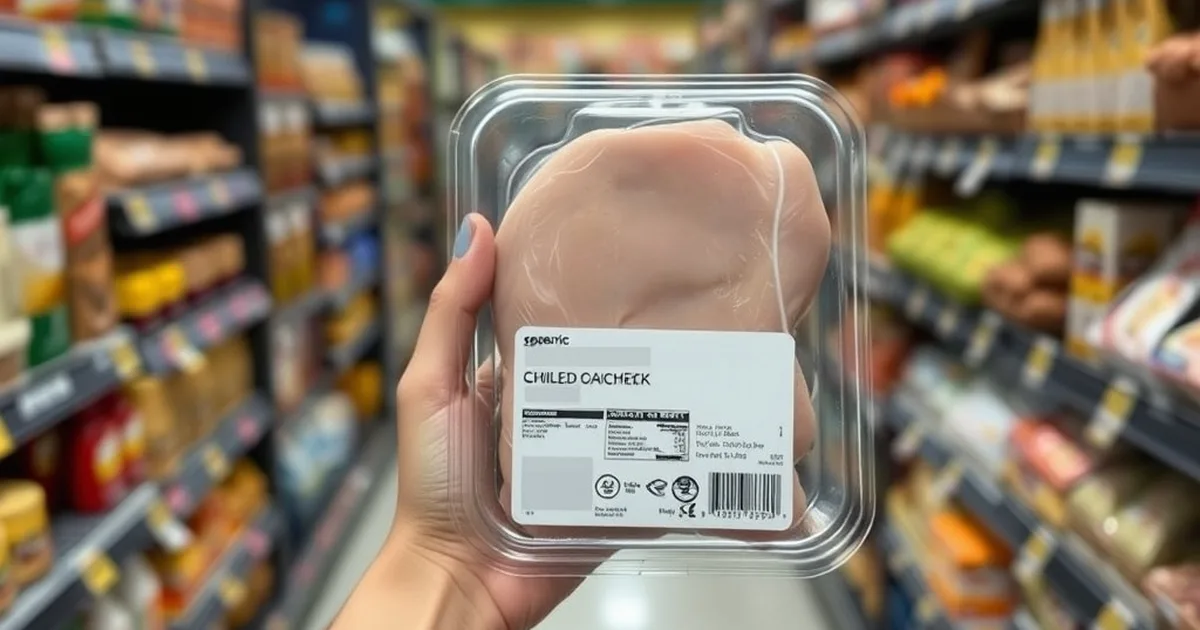 A shopper's hand holding a generic packaged chilled chicken pack in a US supermarket aisle, label blurred, for a guide to halal label claims