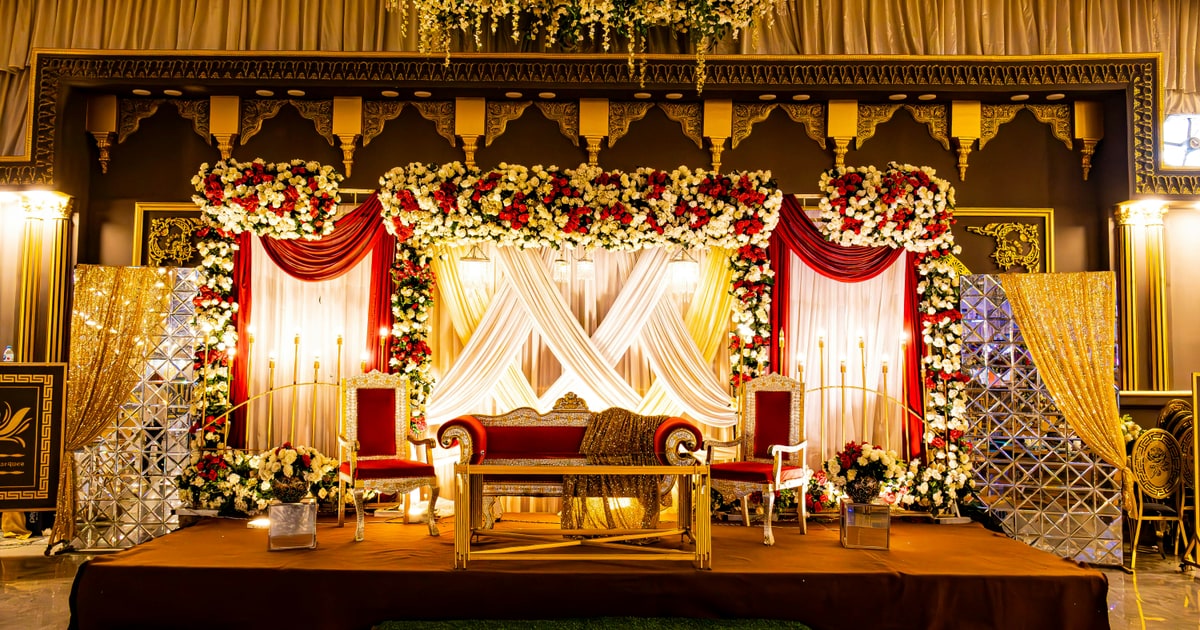 Halal wedding food spread with rice, meat dishes and desserts at a Muslim wedding