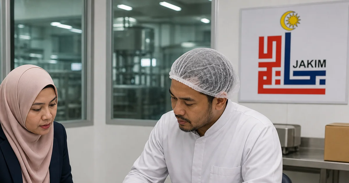JAKIM compliance review scene with halal packaging, export paperwork, and quality checks in a Malaysian food facility